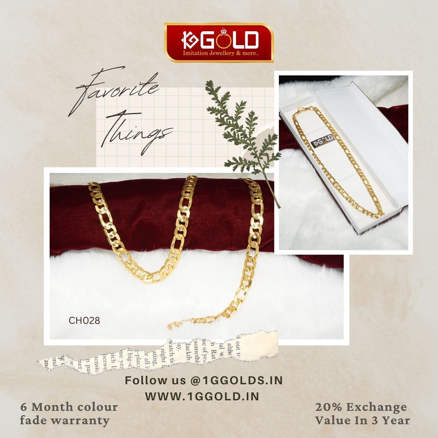 1 Gram Gold Plated Linked Distinctive Design Best Quality Chain for Men - CH028. 1 gram gold on 1ggold.in