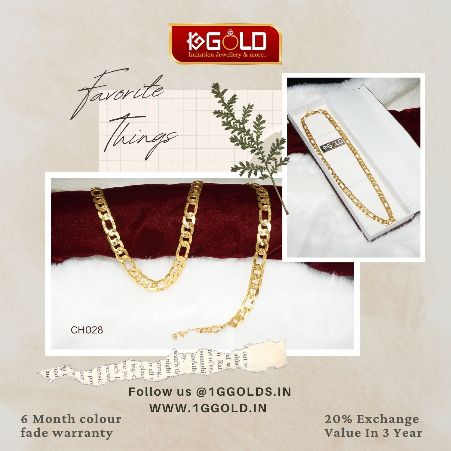 1 Gram Gold Plated Linked Distinctive Design Best Quality Chain for Men - CH028. 1 gram gold on 1ggold.in