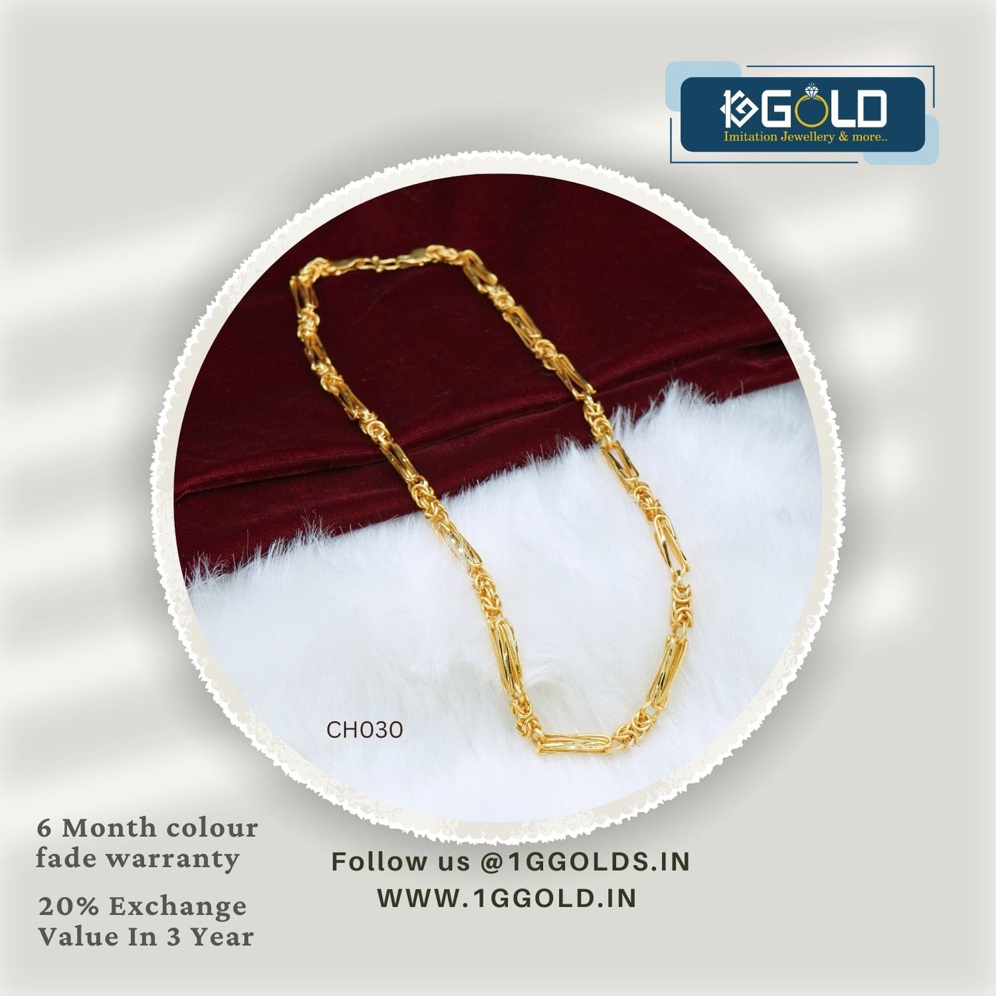 1 Gram Gold Plated Rajwadi Attention Getting Design Chain for Men - CH030. 1 gram gold on 1ggold.in