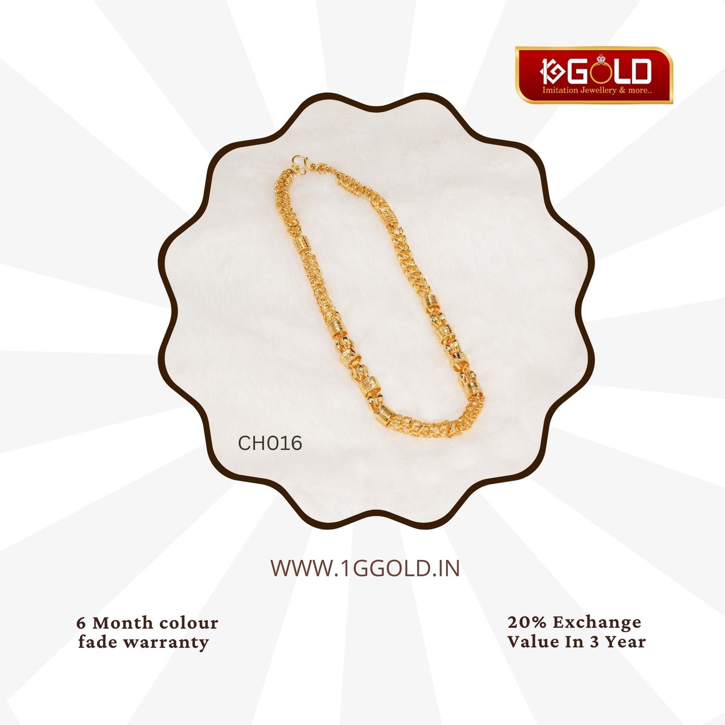 1 Gram Gold Plated Rajwadi Finely Detailed Design Chain for Men - CH016. 1 gram gold on 1ggold.in