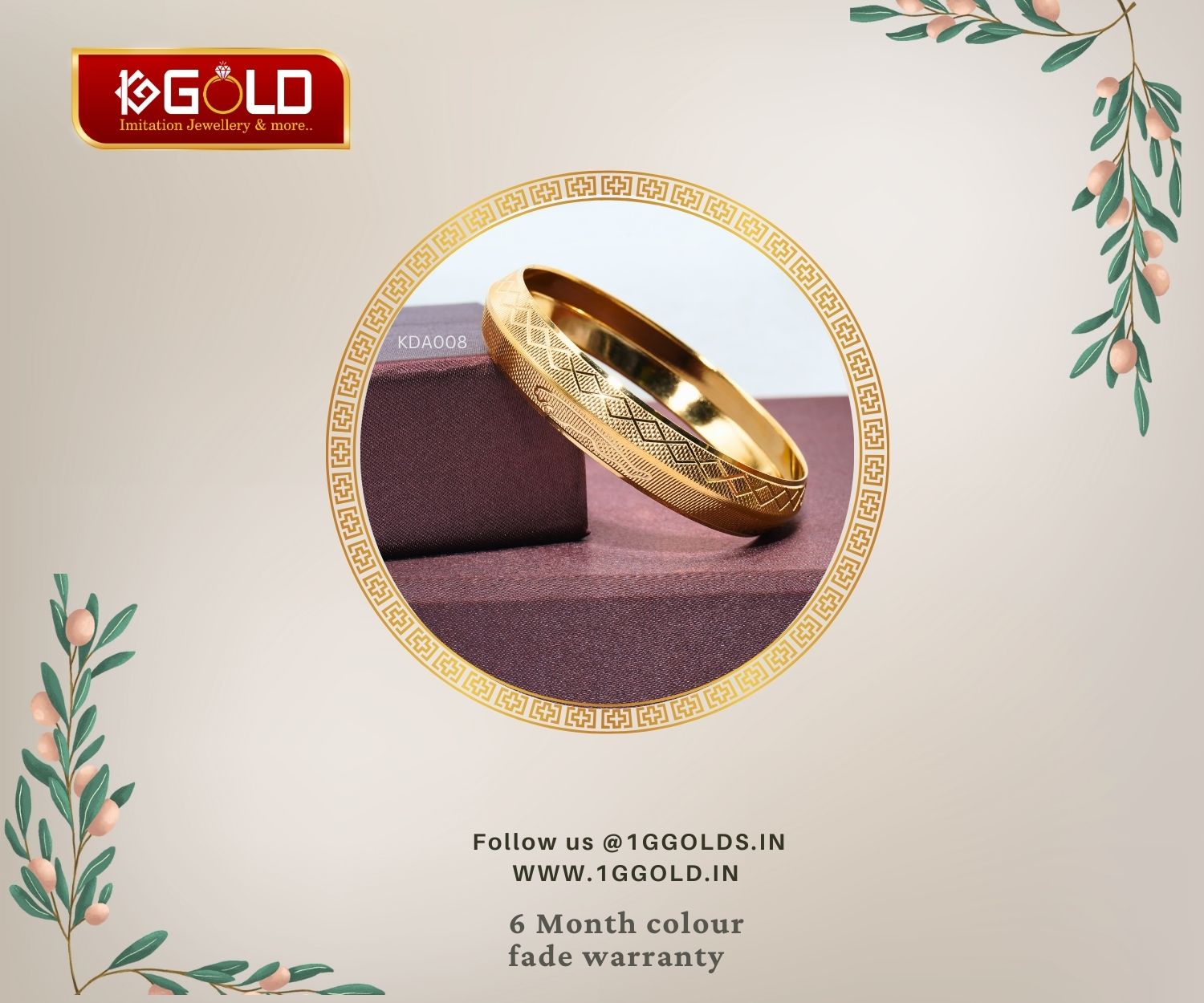 1 Gram Gold Punjabi Kada with Jaguar Motif for Men - KDA008. 1 gram gold on 1ggold.in