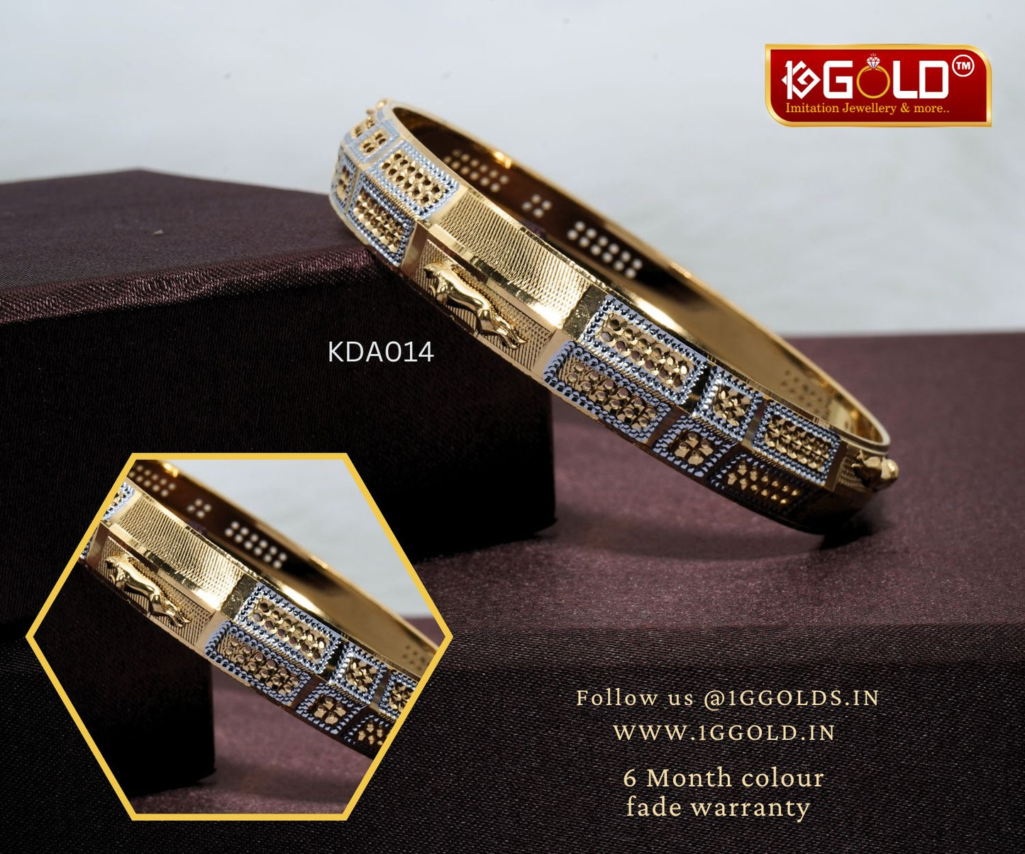 Bold Golden & Silver 1 Gram Gold Punjabi Kada with Jaguar Pattern for Men - KDA014. 1 gram gold on 1ggold.in