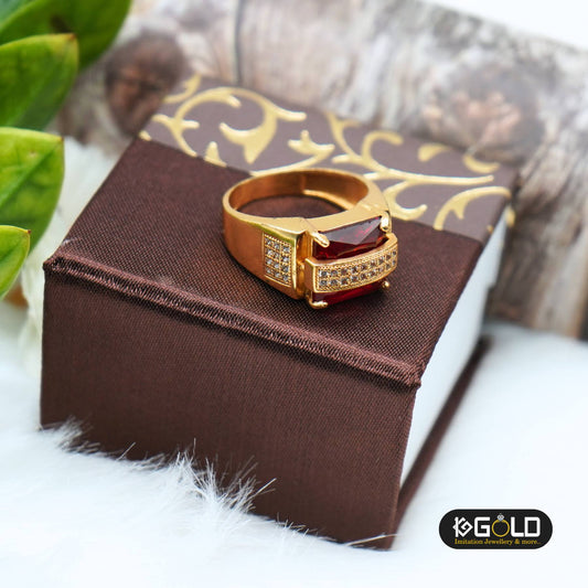 Gold Plated Red Stone with Diamond Antique Design Ring - RNM004. 1 gram gold on 1ggold.in