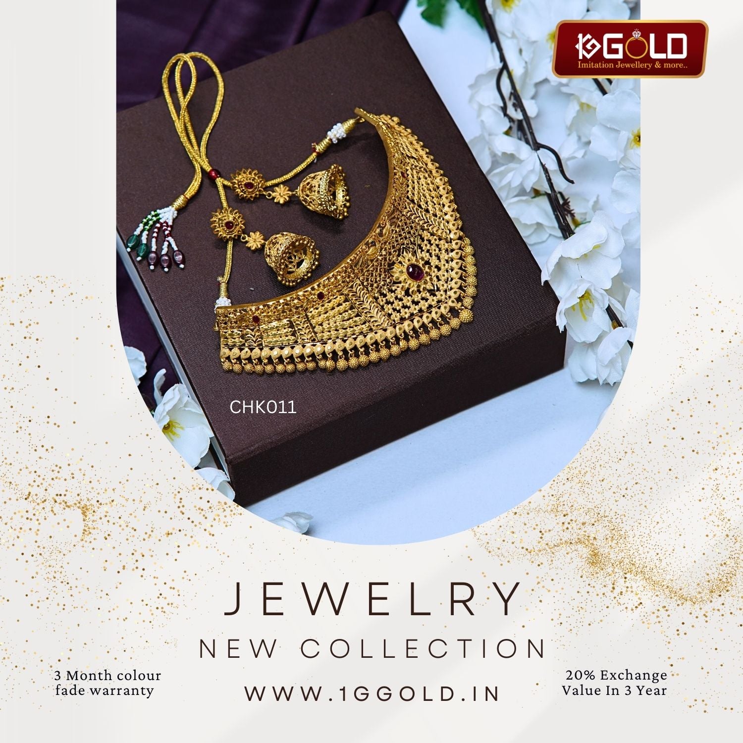 Premium 1 Gram Gold Plated Chokar Necklace Set with Rich Design for Women - CHK012. 1 gram  gold on 1ggold.in