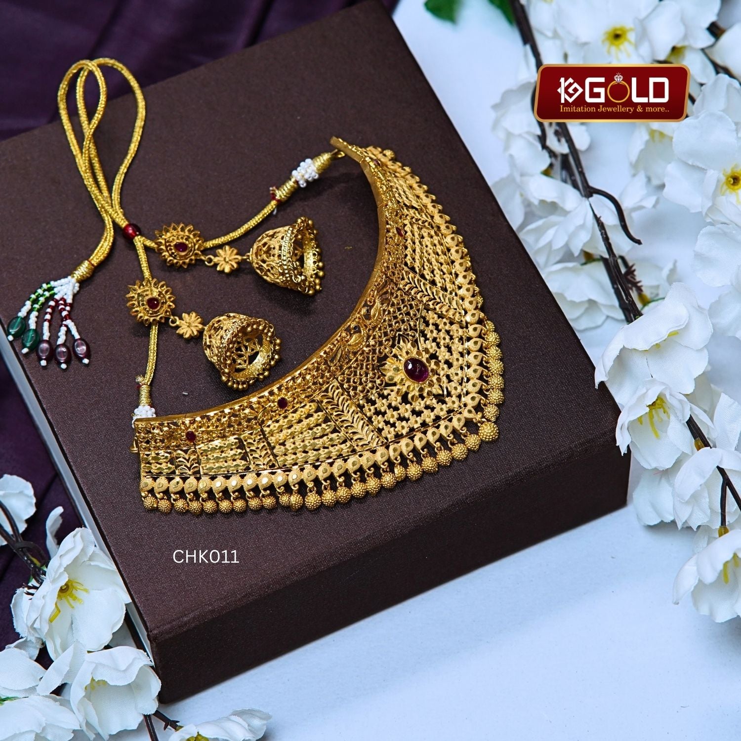 Premium One Gram Gold Plated Chokar Necklace Set with Rich Design for Women - CHK012. 1 gram gold on 1ggold.in