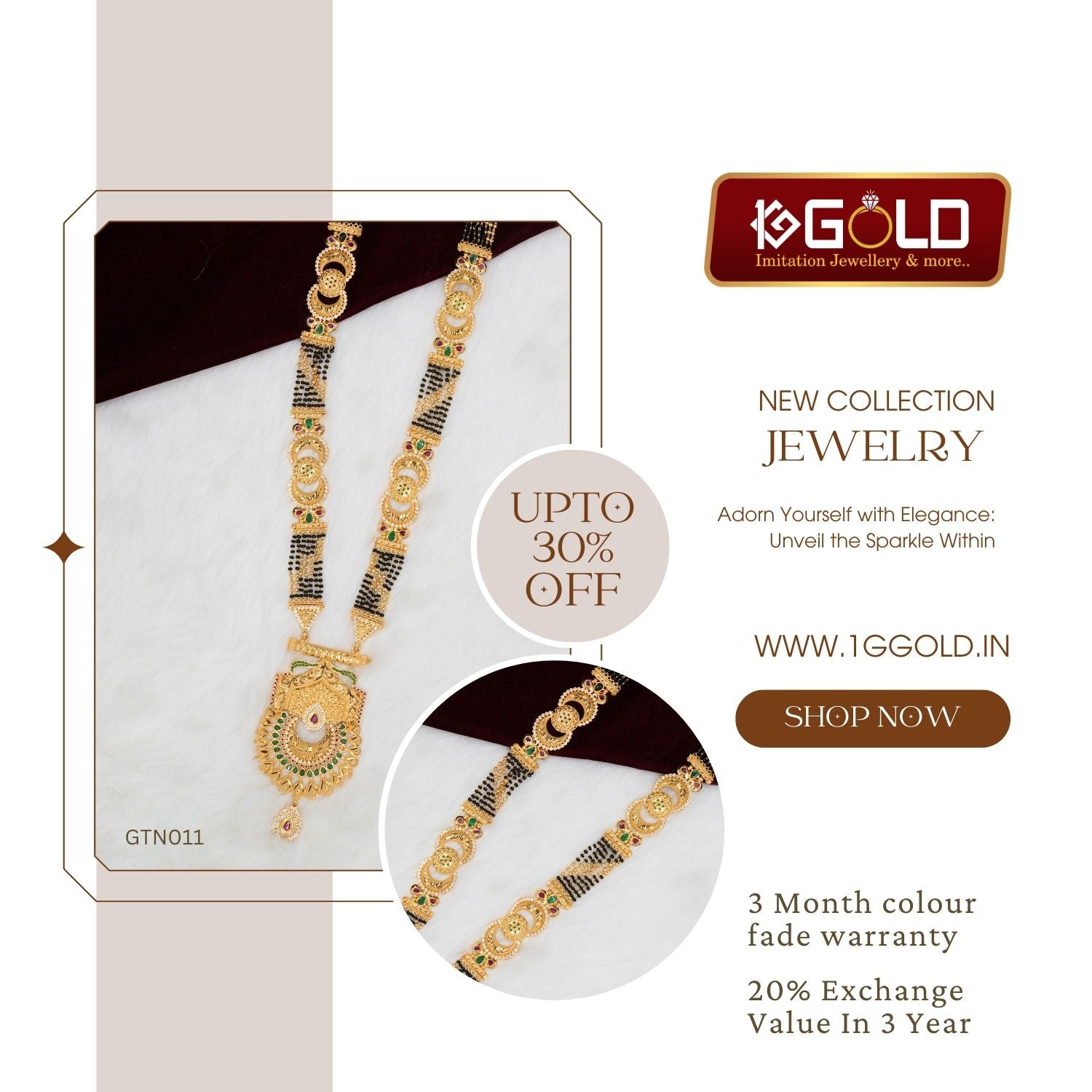 Sophisticated 1 Gram Gold Plated Maharashtrian Ganthan with Diamond Detailing for Women - GTN011. 1 gram gold on 1ggold.in