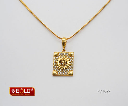 1 Gram Gold Plated Pendant Featuring Sun Emblem and Om Design with Diamond Detailing - PDT027. 