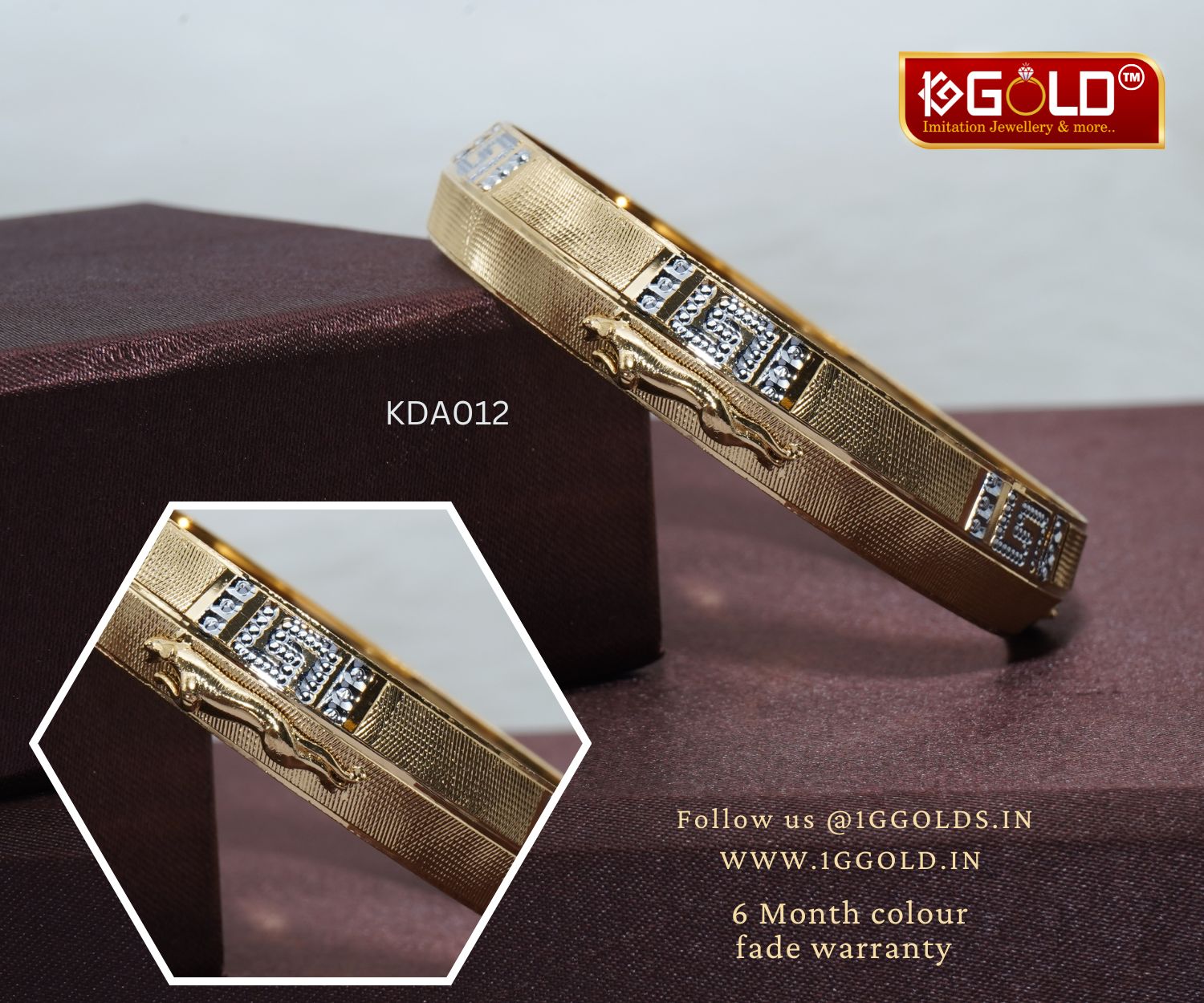 1 Gram Gold Plated Punjabi Kada with Bold Jaguar Design for Men - KDA012. 1 gram gold on 1ggold.in
