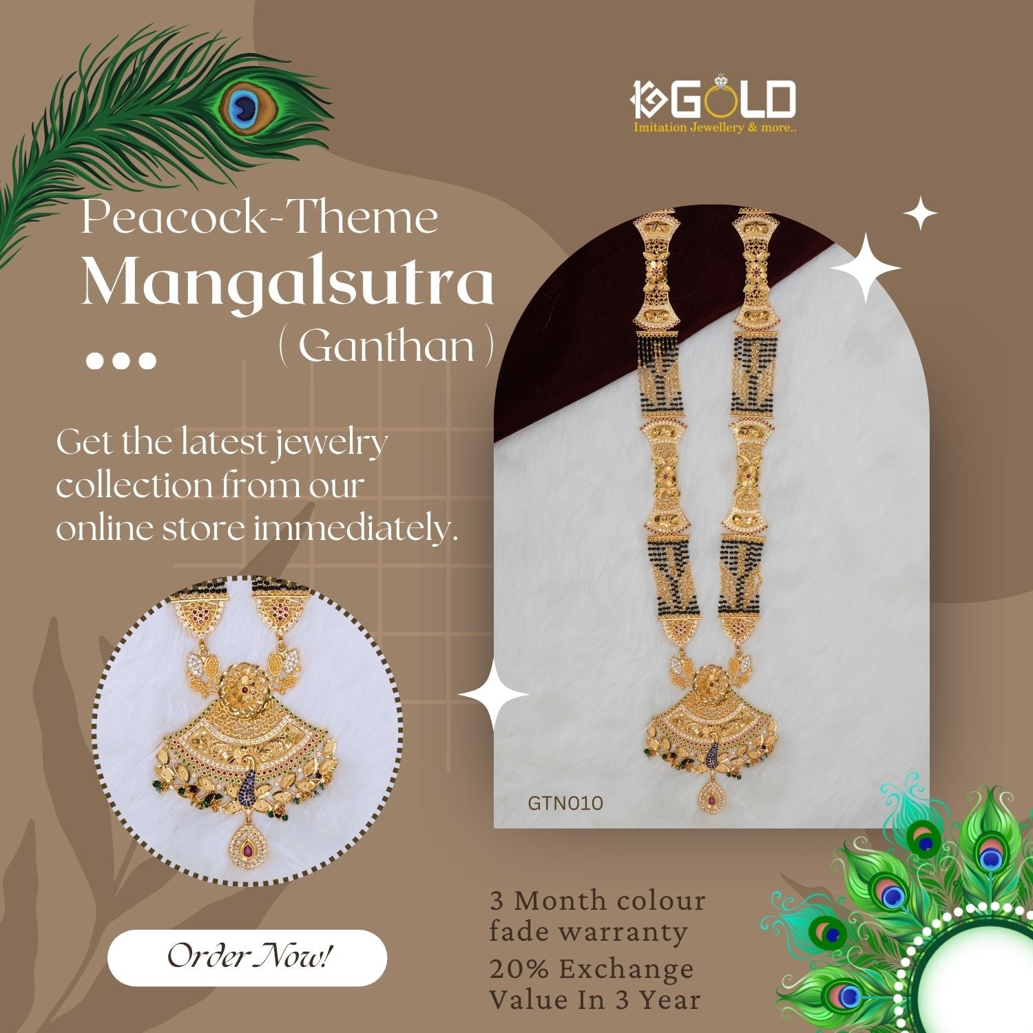 Deluxe 1 Gram Gold Plated Maharashtrian Ganthan with Peacock-Inspired Diamond Detailing for Women - GTN010. 1 gram gold on 1ggold.in