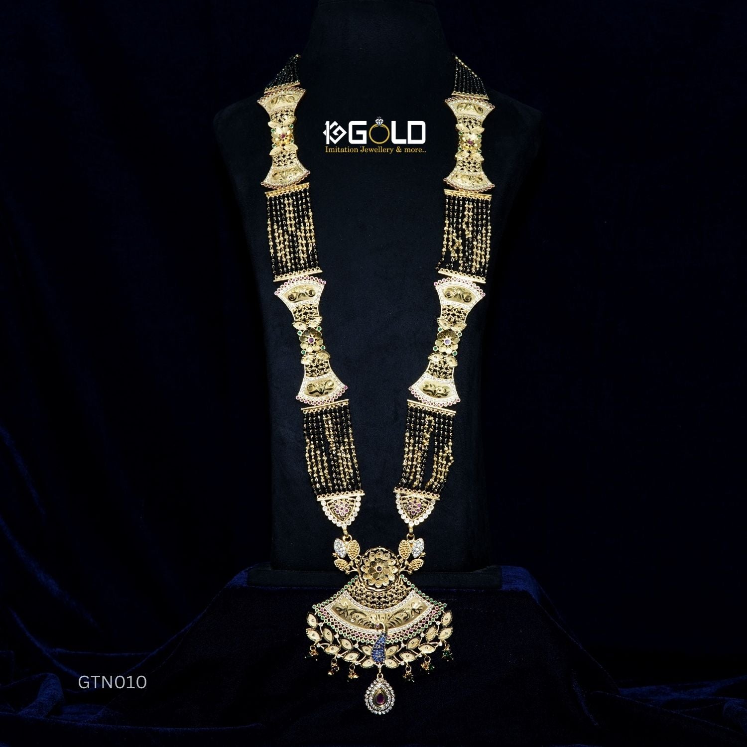 Deluxe One Gram Gold Plated Maharashtrian Ganthan with Peacock Inspired Diamond Detailing for Women - GTN010. one gram gold available on 1ggold.in