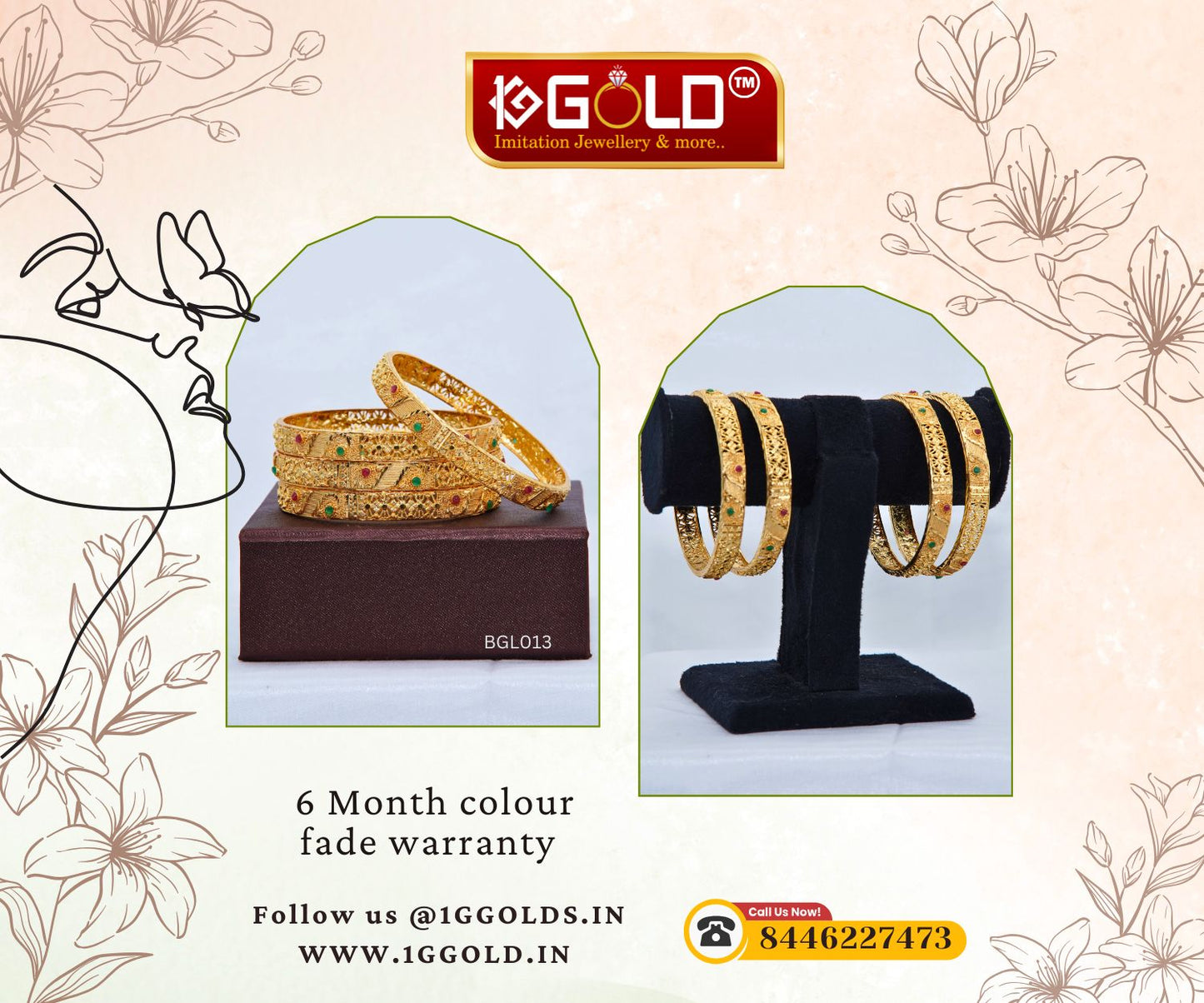 Exquisite Stone Detailed 1 Gram Gold Bangle Set (4 Pieces) - BGL013. 1 gram gold on 1ggold.in