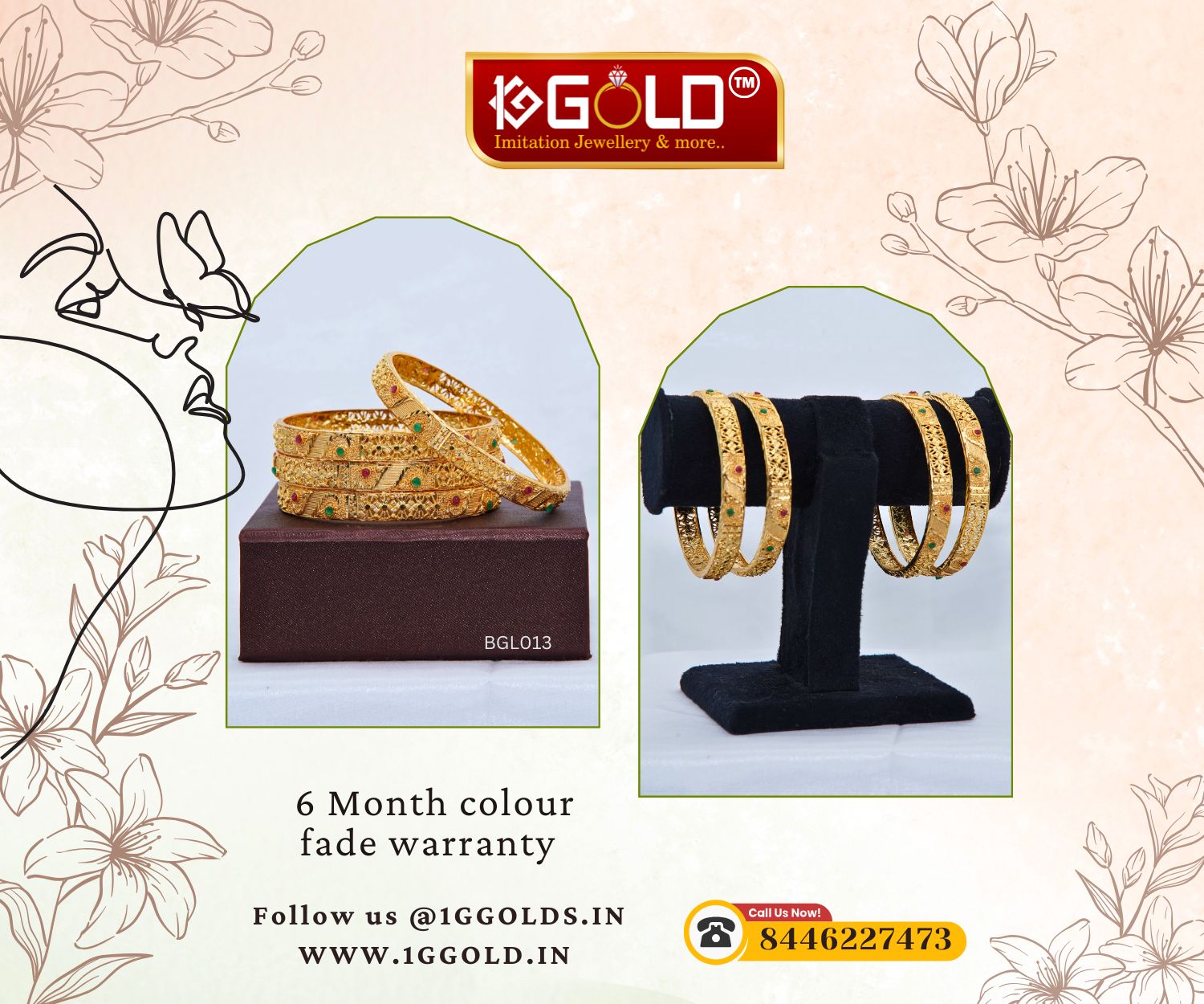 Exquisite Stone Detailed 1 Gram Gold Bangle Set (4 Pieces) - BGL013. 1 gram gold on 1ggold.in
