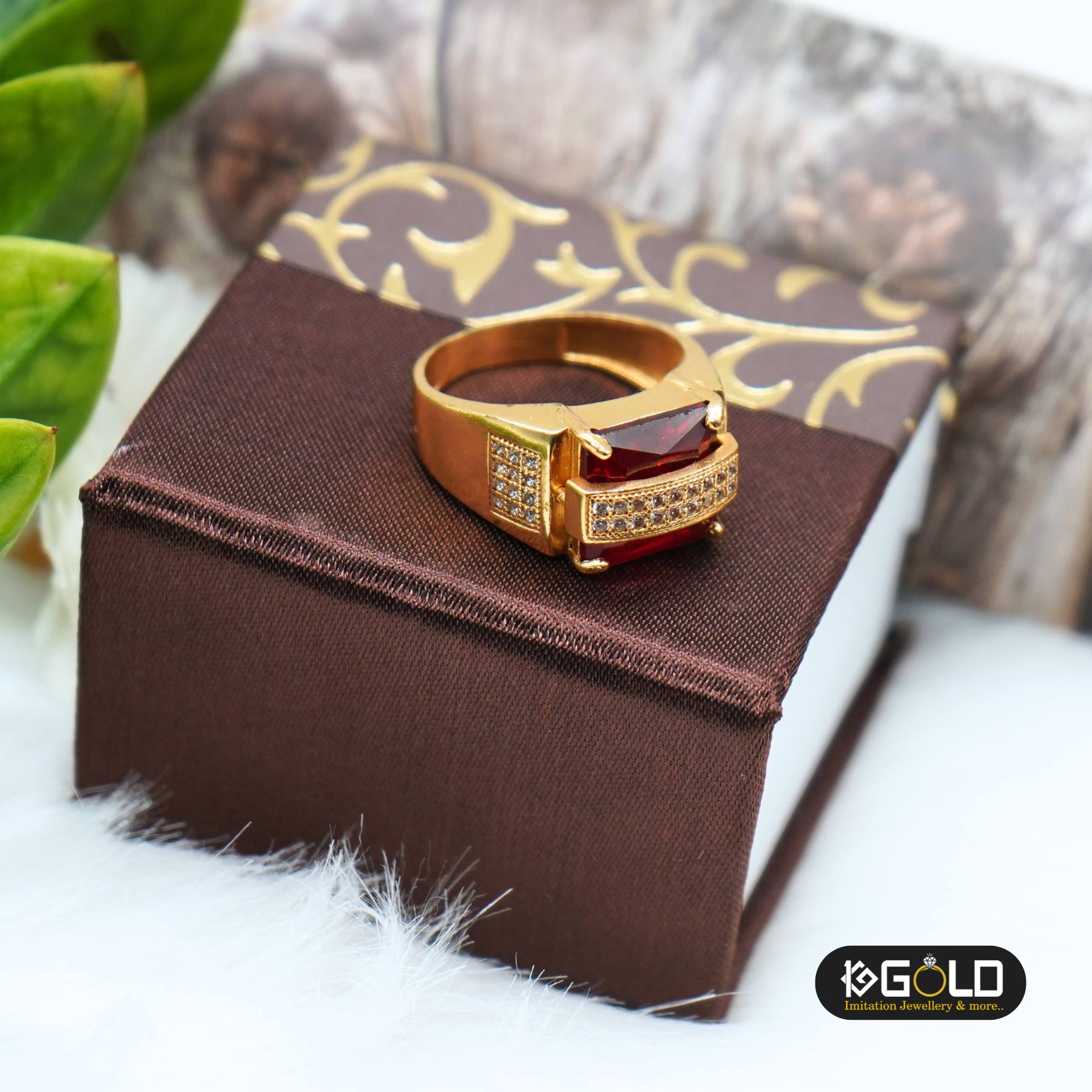 Gold Plated Red Stone with Diamond Antique Design Ring - RNM004. 1 gram gold on 1ggold.in 