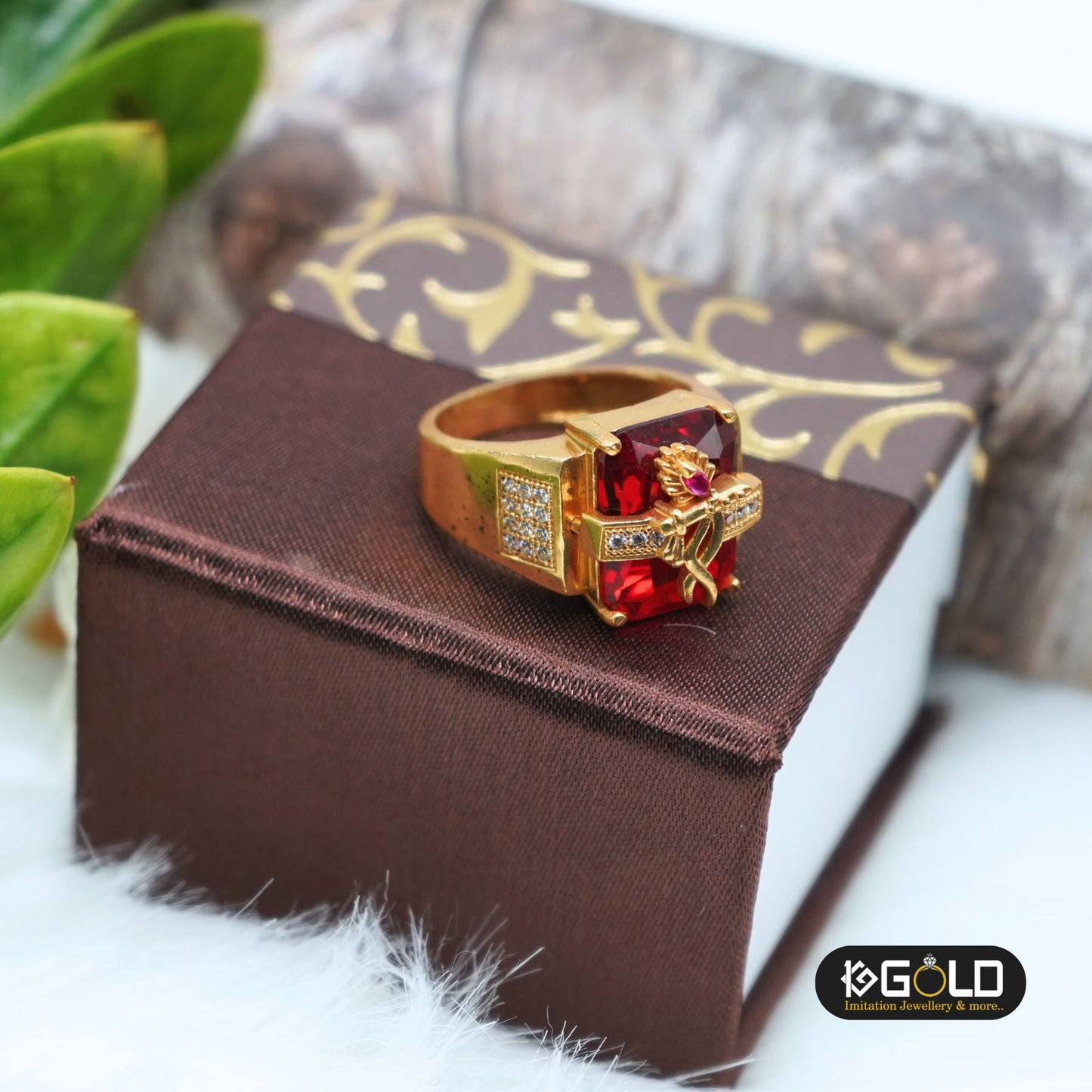 Gorgeous Krishna Motif Gold Coated Ring for Men with Red Stone and Diamonds - RNM002. 1 gram gold on 1ggold.in 