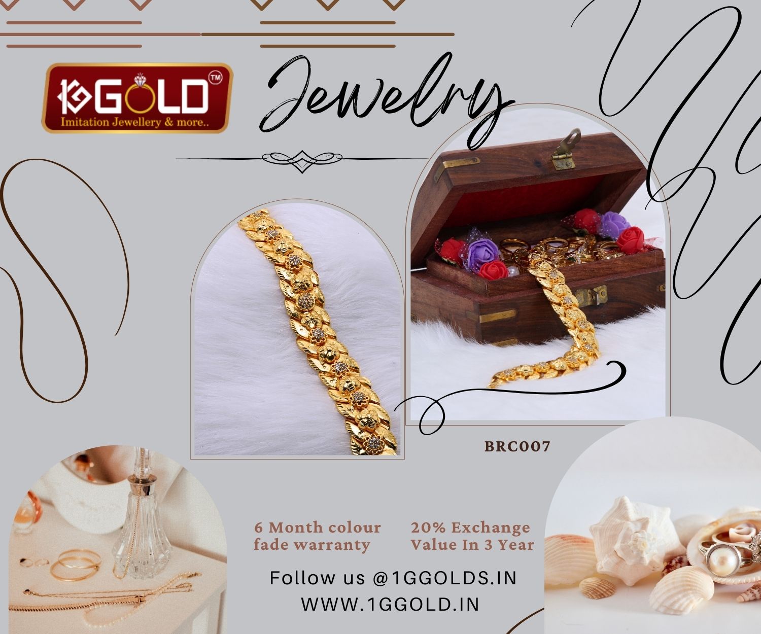 One Gram Gold Plated Bracelet with Elegant Floral Patterns for Men - BRC007. 1 gram gold on 1ggold.in  
