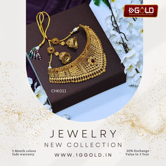 Premium 1 Gram Gold Plated Chokar Necklace Set with Rich Design for Women - CHK012. 1 gram  gold on 1ggold.in  