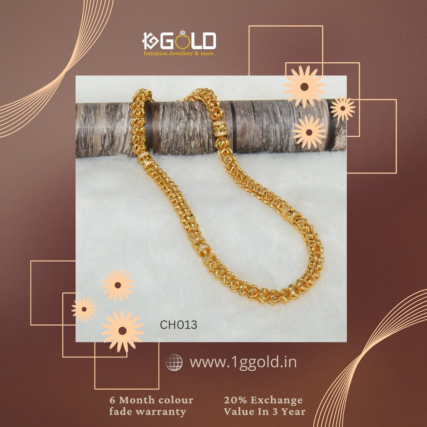 Royal Rajwadi Style 2 IN 1 Men’s Chain 1 Gram Gold Plated with Diamonds - CH013. 1 gram gold on 1ggold.in 